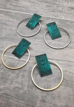 Cercei Join cu cerc si dreptunghi cu cristale, din alama placata cu gun metal imagine