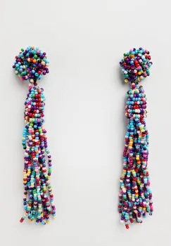 Cercei lungi in forma de ciucure cu margelute turcoaz si multicolore imagine