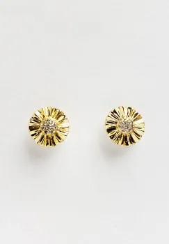 Cercei metal inoxidabil placati cu aur, soare miniatural cu pietricele fine fatetate albe in centru imagine