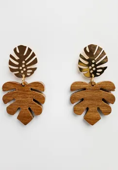 Cercei metalici aurii frunze de palmier din lemn natural imagine