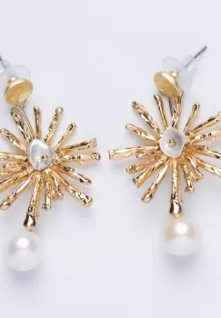 Cercei metalici aurii in forma de soare stilizat cu perle imagine