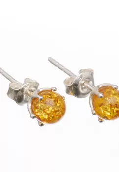 Cercei mici din argint 925 cu chihlimbar natural de culoare galben auriu in montura imagine