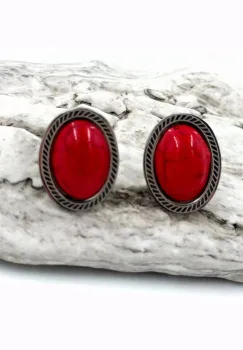 Cercei ovali, eleganti, din otel inoxidabil cu coral rosu imagine