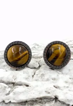 Cercei rotunzi, eleganti, din otel inoxidabil cu piatra naturala ochi de tigru imagine