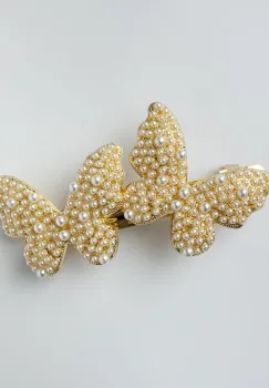 Clama medie metalica aurie cu doi fluturi acoperiti cu perle sintetice albe si fine imagine