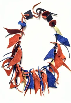 Colier asimetric multicolor realizat din mix piele naturala,nuante  caramiziu albastru electric imagine