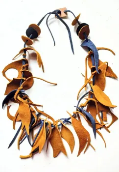 Colier handmade  din piele naturala, asimetric, nuante galben mustar ,bleumarin imagine