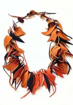 Colier handmade unicat din piele naturala,nuante camel ,galben mustar , caramiziu imagine