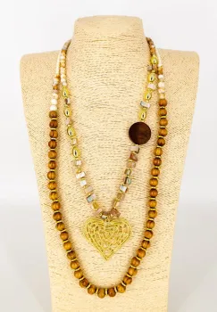 Colier lung statement bej cu inima aurie cu lemn si sidef - stil italian imagine