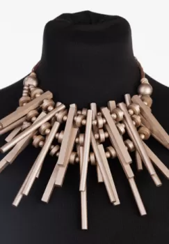Colier reglabil cu elemente lungi si inegale din lemn auriu imagine