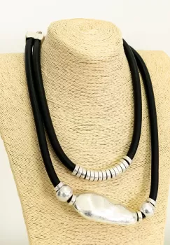 Colier silicon cu 2 siruri si elemente diferite forme din metal argintiu imagine