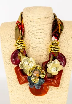 Colier statement fucsia cu flori aurii si fluture ,   stil italian imagine