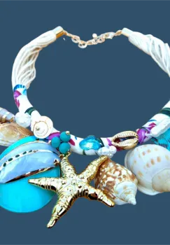 Colier statement marin turcoaz cu scoici naturale si stea de mare aurie ,   design resort imagine