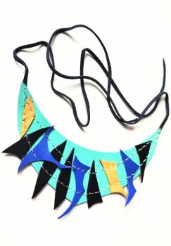 Colier  turcoaz cu insertii din piele naturala, festiv ,unicat imagine