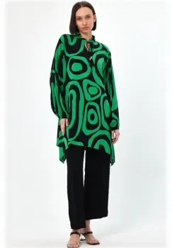 Compleu cu bluza lunga tip tunica si pantaloni, negru cu verde imagine