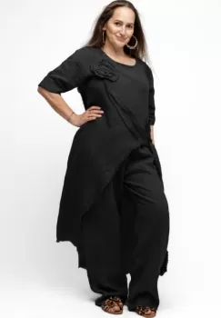 Compleu cu flori aplicate din in, cu bluza tunica mai lunga in spate si pantaloni, negru imagine