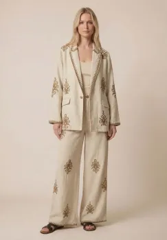 Compleu din in mercerizat bej cu broderie, sacou si pantaloni lejeri, stil elegant natural imagine