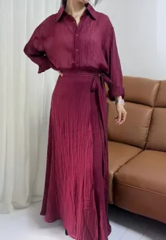 Compleu din vascoza si bumbac, creponate cu camasa si fusta petrecuta, bordo imagine