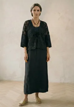 Compleu rochie lunga din in cu blazer dantelat si croi lejer boem elegant , neagra imagine