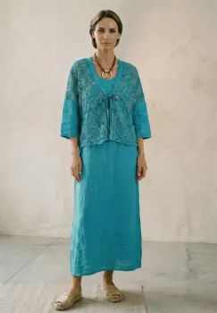 Compleu rochie lunga din in cu blazer dantelat si croi lejer boem elegant , turcoaz imagine