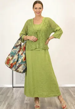 Compleu rochie lunga din in cu blazer dantelat si croi lejer boem elegant , verde olive imagine