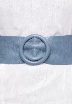 Curea albastru jeans din piele naturala cu latime de 7 cm, catarama rotunda imbracata in piele imagine