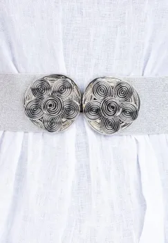 Curea argintie 6 cm latime, din material elastic cu tesatura de lurex cu catarama floare argintie imagine