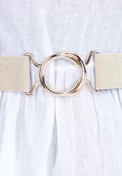 Curea aurie lata de 5 cm, din material elastic cu tesatura de lurex cu catarama aurie imagine