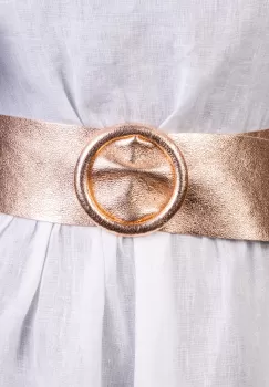 Curea auriu sampanie din piele naturala cu latime de 7 cm, catarama rotunda imbracata in piele imagine