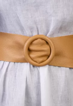 Curea bej din piele naturala cu latime de 7 cm, catarama rotunda imbracata in piele imagine