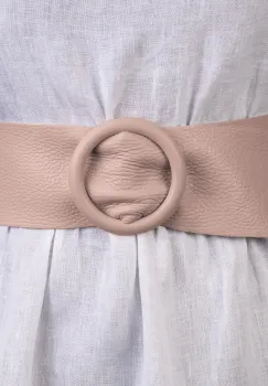 Curea bej din piele naturala cu latime de 7 cm, catarama rotunda imbracata in piele imagine