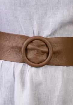 Curea bej inchis din piele naturala cu latime de 7 cm, catarama rotunda imbracata in piele imagine