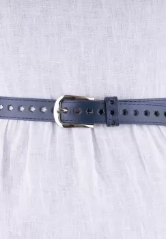 Curea bleumarin de 2.5 cm cu flori decupate, din piele ecologica cu catarama metalica argintie imagine