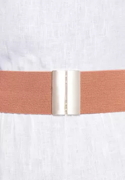 Curea camel 6 cm latime din material elastic, cu catarama aurie imagine