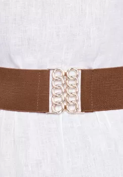 Curea camel de 6 cm, din material elastic cu catarama aurie imagine