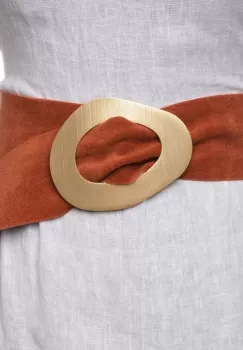 Curea coniac din piele intoarsa naturala cu latime de 8 cm, catarama aurie neregulata imagine