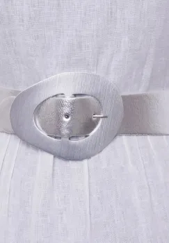 Curea din piele ecologica argintie cu catarama neregulata argintie si elastic cu lurex la spate imagine