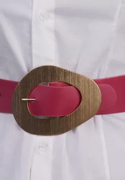 Curea din piele ecologica mov zmeura cu catarama neregulata metalica si elastic la spate imagine