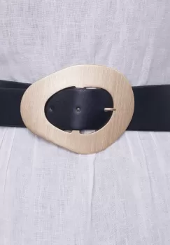 Curea din piele ecologica neagra cu catarama neregulata aurie si elastic la spate imagine