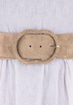 Curea din piele intoarsa ecologica cu catarama imbracata si elastic la spate, bej imagine