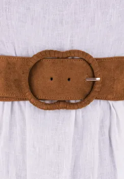 Curea din piele intoarsa ecologica cu catarama imbracata si elastic la spate, camel imagine