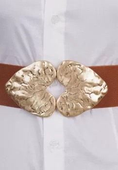 Curea elastica camel de 6 cm latime cu dubla catarama aurie in forma de inima imagine