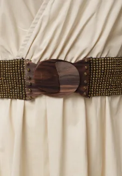 Curea elastica cu margelute din sticla auriu metalizat, catarama din lemn natural imagine