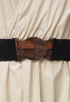 Curea elastica cu margelute din sticla negru, catarama din lemn natural imagine