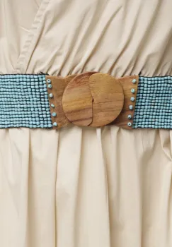 Curea elastica cu margelute din sticla turcoaz, catarama din lemn natural imagine