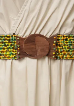 Curea elastica cu margelute din sticla verde, portocalii si galbene, catarama din lemn natural imagine