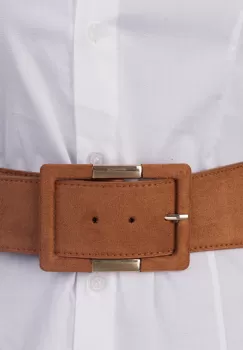 Curea elastica cu piele ecologica camel si catarama dreptunghiulara cu decoratiune aurie imagine