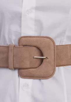 Curea elastica cu piele intoarsa ecologica bej si catarama dreptunghiulara cu colturi rotunjite imagine