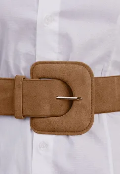 Curea elastica cu piele intoarsa ecologica camel si catarama dreptunghiulara cu colturi rotunjite imagine