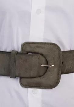 Curea elastica cu piele intoarsa ecologica kaki si catarama dreptunghiulara cu colturi rotunjite imagine